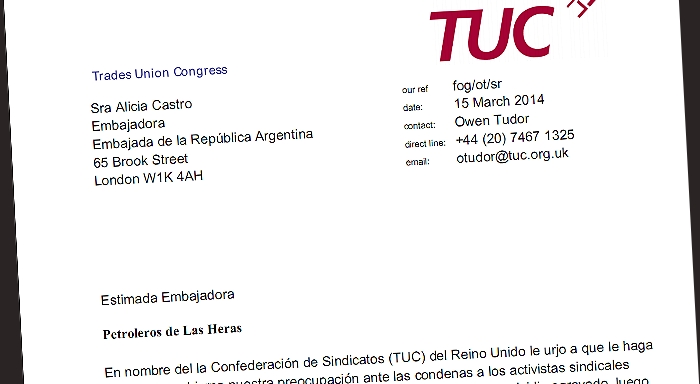 British TUC General Secretary sends letter to the Argentina Ambassador in London 